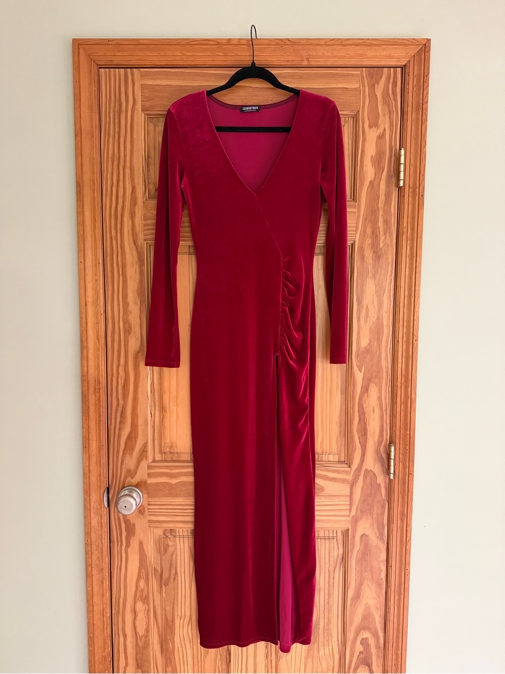 Deep Red Velvet Long-Sleeve Maxi Dress with Side Ruching and Leg Slit